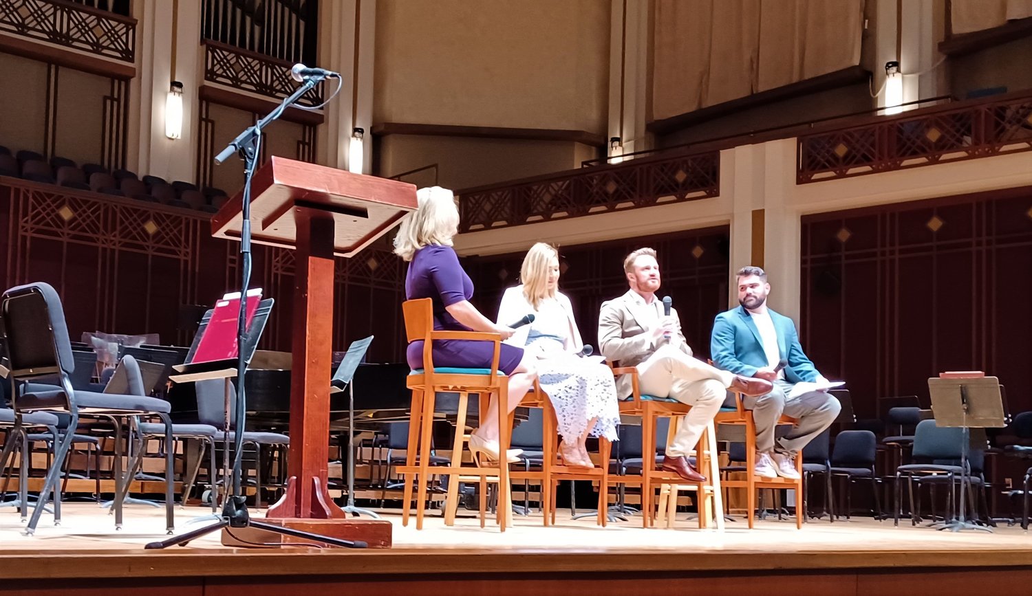 Jacksonville Symphony music director Courtney Lewis participates in a Q&A session Sept. 27 during a private reception at Jacoby Symphony Hall. From left are moderator Melissa Ross, concertmaster Adelya Nartadjieva, Lewis and associate conductor Kevin Fitzgerald.